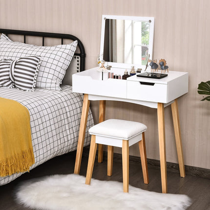 Vanity Desk with Folding Mirror & Stool, White MDF Wood