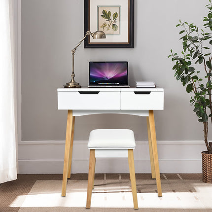 Vanity Desk with Folding Mirror & Stool, White MDF Wood