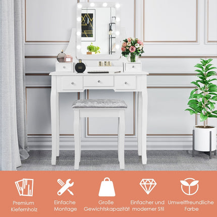 Vanity Set with LED Mirror and Stool, White, 80x40x135.5 cm