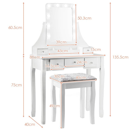 Vanity Set with LED Mirror and Stool, White, 80x40x135.5 cm