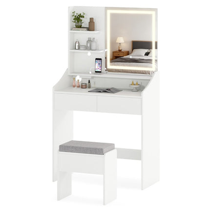 Vanity Set with Mirror, LED Lights & Storage Stool, White