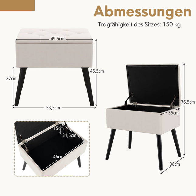 Vanity Stool with Storage, Beige Velvet, 150kg Capacity