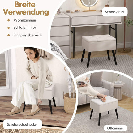 Vanity Stool with Storage, Beige Velvet, 150kg Capacity