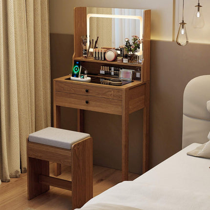 Vanity Table Set With LED Mirror, Outlets, Stool