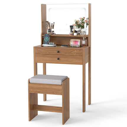 Vanity Table Set With LED Mirror, Outlets, Stool