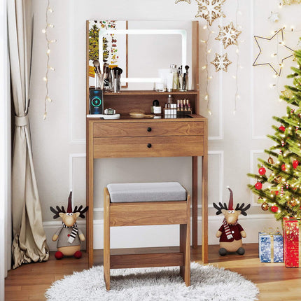 Vanity Table Set With LED Mirror, Outlets, Stool