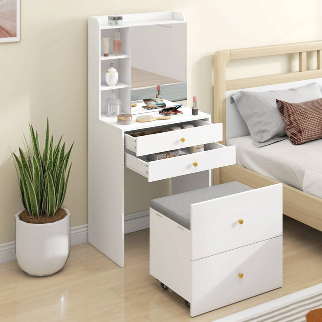 Vanity Table Set With Mirror, Storage Stool, White 60 cm