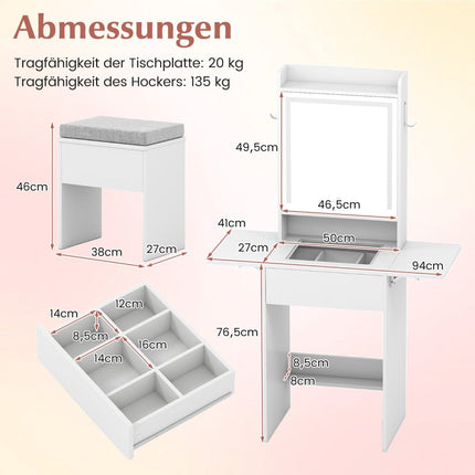 Vanity Table Set with LED Mirror, Stool, Outlets