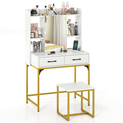 Vanity Table Set with Mirror, Charging Station, Drawers