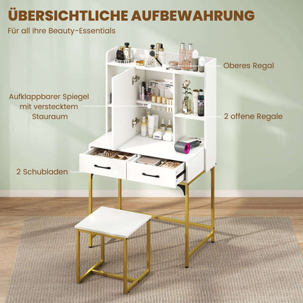 Vanity Table Set with Mirror, Charging Station, Drawers