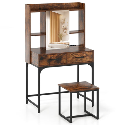 Vanity Table Set with Mirror, Charging Station, Storage