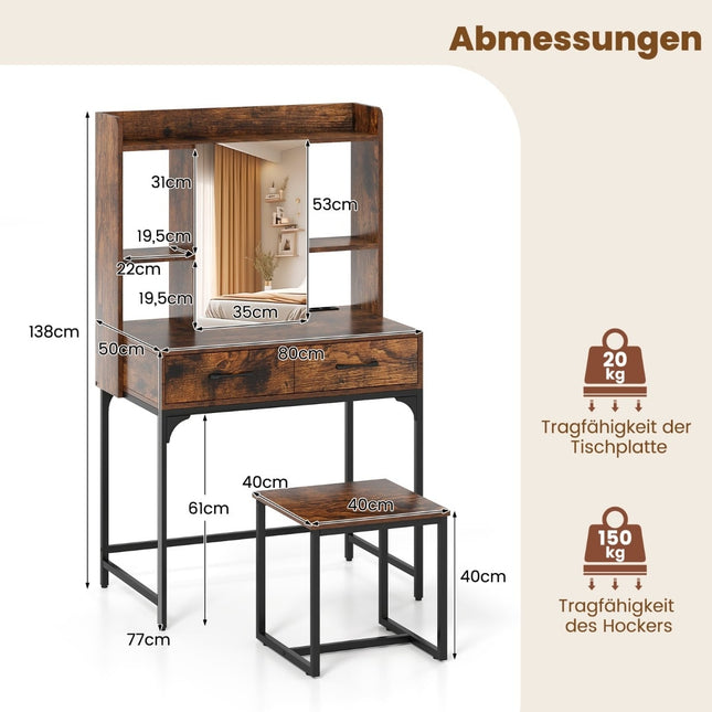 Vanity Table Set with Mirror, Charging Station, Storage