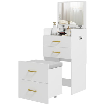 Vanity Table Set with Mirror, Nightstand, Stool, White