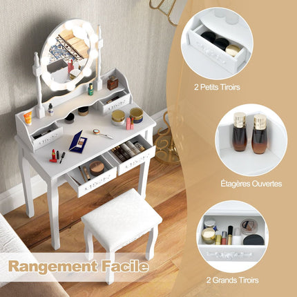 Vanity Table With LED Mirror, 4 Drawers and Stool, White