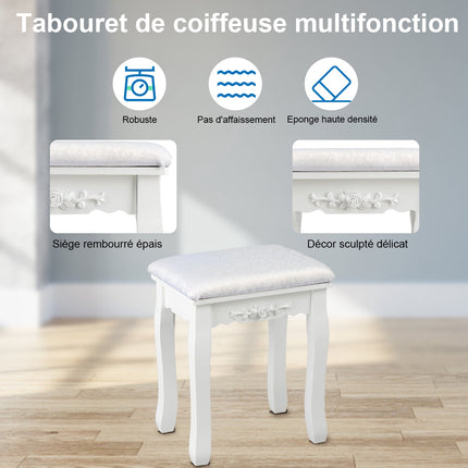 Vanity Table With LED Mirror, 4 Drawers and Stool, White