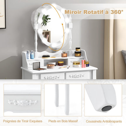 Vanity Table With LED Mirror, 4 Drawers and Stool, White