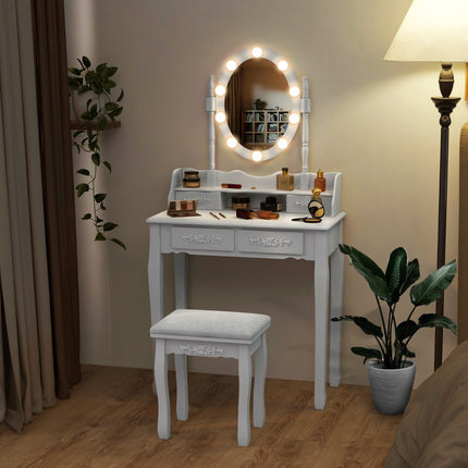 Vanity Table With LED Mirror, 4 Drawers and Stool, White