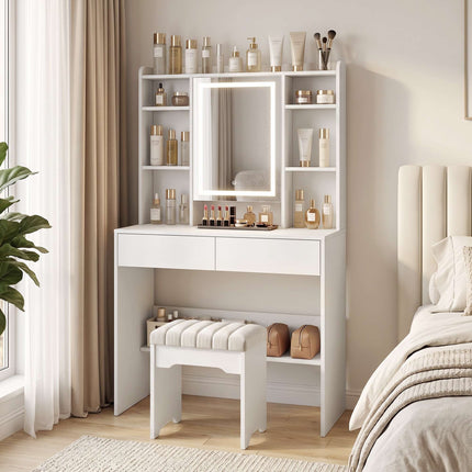 Vanity Table with LED Mirror, 2 Drawers, White