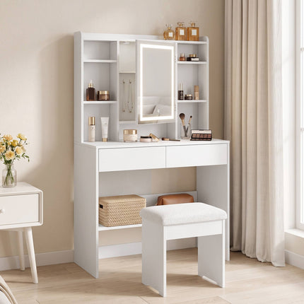 Vanity Table with LED Mirror, 2 Drawers, White