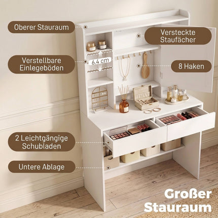 Vanity Table with LED Mirror, 2 Drawers, White