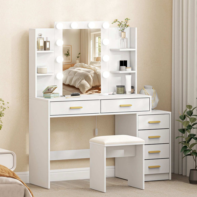 Vanity Table with LED Mirror & Padded Stool, White