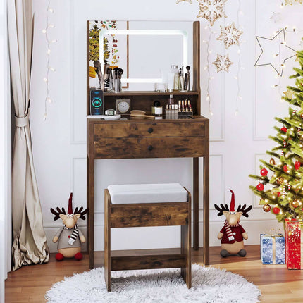 Vanity Table with LED Mirror, Rustic Brown, Glass Top