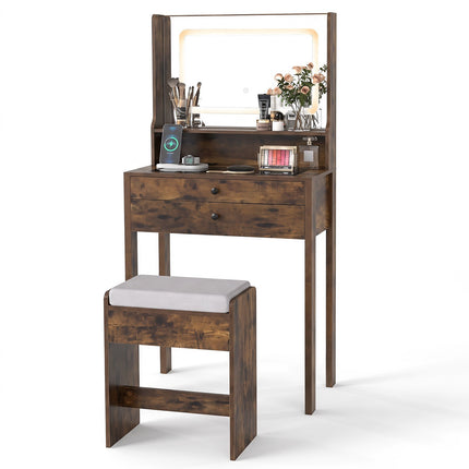Vanity Table with LED Mirror, Rustic Brown, Glass Top