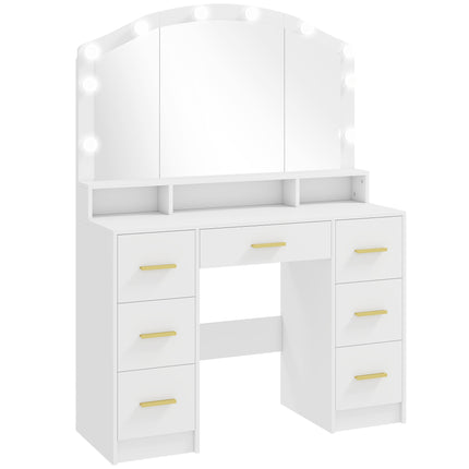 Vanity Table with Mirror, 10 LED Lights, 7 Drawers, White MDF
