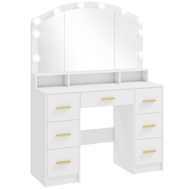 Vanity Table with Mirror, 10 LED Lights, 7 Drawers, White MDF