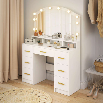 Vanity Table with Mirror, 10 LED Lights, 7 Drawers, White MDF