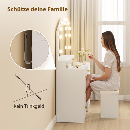 Vanity Table with Mirror, 10 LED Lights, 7 Drawers, White MDF