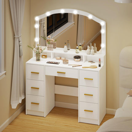 Vanity Table with Mirror, 10 LED Lights, 7 Drawers, White MDF