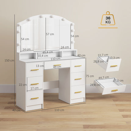 Vanity Table with Mirror, 10 LED Lights, 7 Drawers, White MDF
