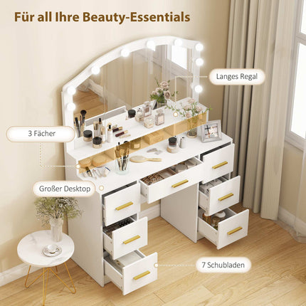 Vanity Table with Mirror, 10 LED Lights, 7 Drawers, White MDF