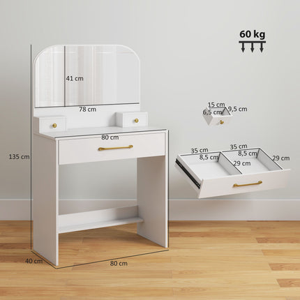 Vanity Table with Mirror, 3 Drawers, White, Compact Design