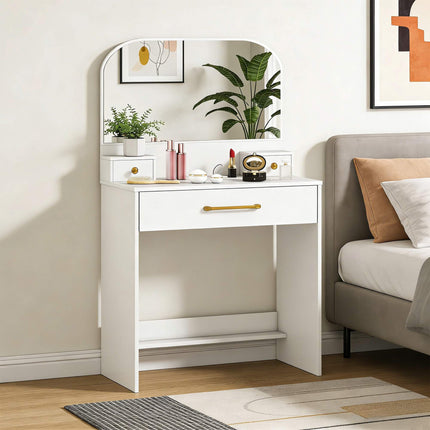 Vanity Table with Mirror, 3 Drawers, White, Compact Design