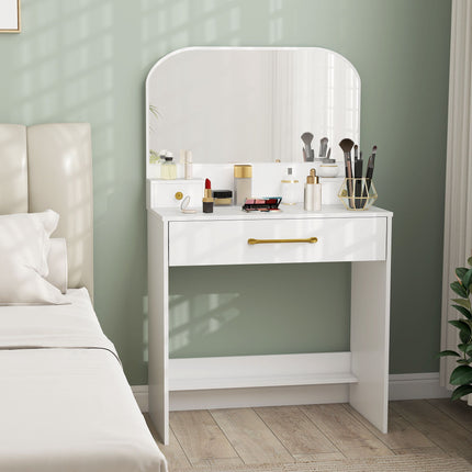 Vanity Table with Mirror, 3 Drawers, White, Compact Design