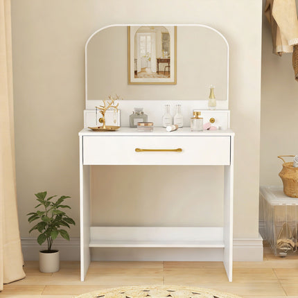 Vanity Table with Mirror, 3 Drawers, White, Compact Design