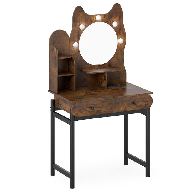 Vanity Table with Mirror, LED Lights, Drawers, Brown