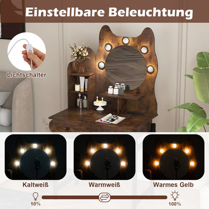 Vanity Table with Mirror, LED Lights, Drawers, Brown
