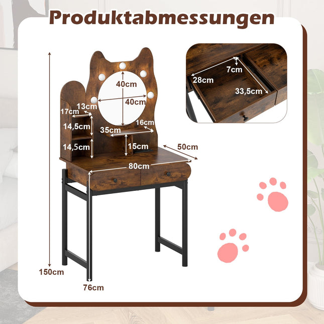 Vanity Table with Mirror, LED Lights, Drawers, Brown