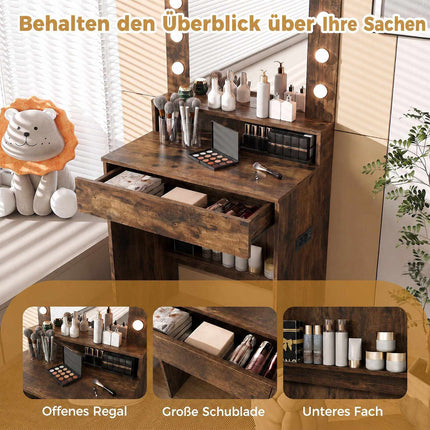 Vanity Table with Mirror, LED Lights, Rustic Brown