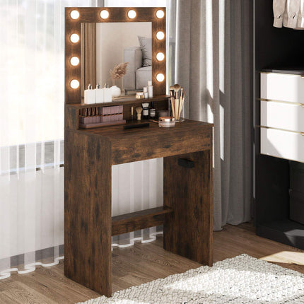 Vanity Table with Mirror, LED Lights, Rustic Brown