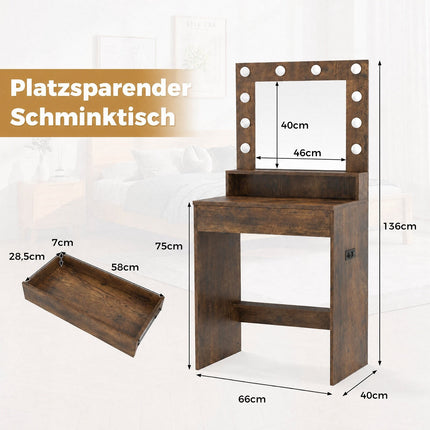 Vanity Table with Mirror, LED Lights, Rustic Brown