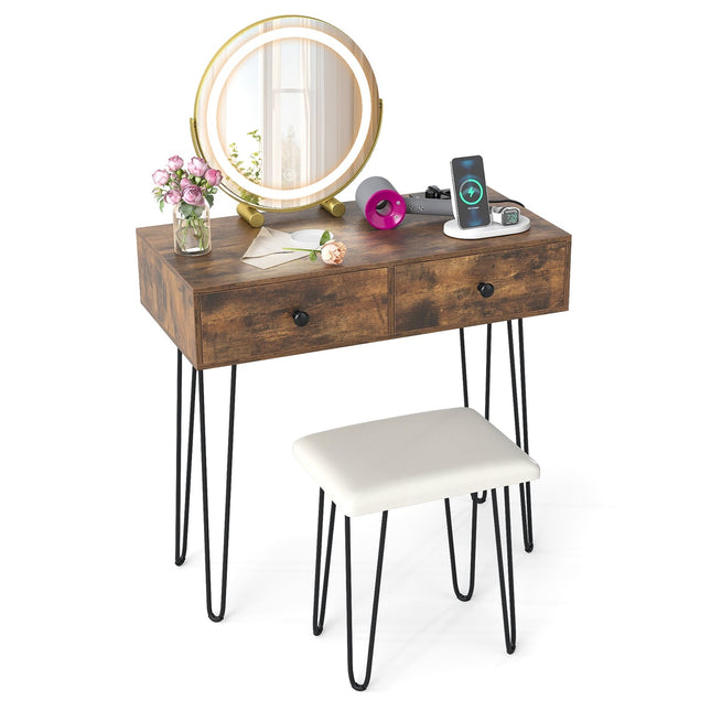 Vanity Table with Mirror, Lighting, Charging Station & Stool