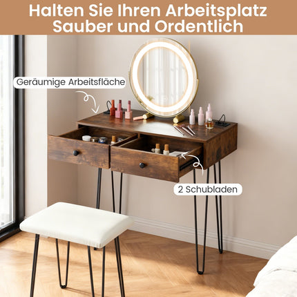 Vanity Table with Mirror, Lighting, Charging Station & Stool