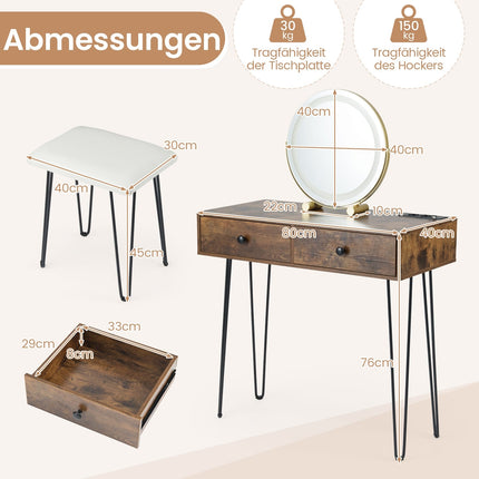 Vanity Table with Mirror, Lighting, Charging Station & Stool