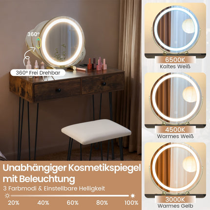 Vanity Table with Mirror, Lighting, Charging Station & Stool