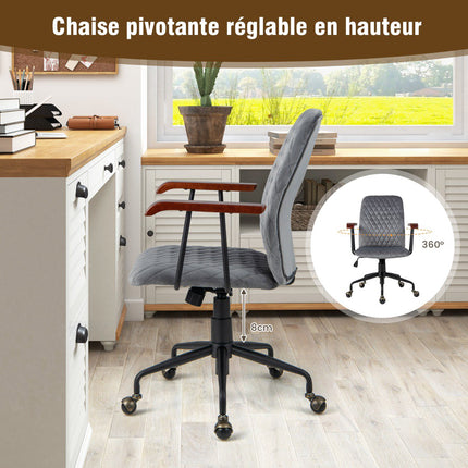 Velvet Office Chair – Adjustable Rocking Swivel, Wood Arms