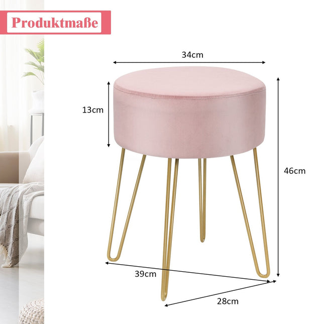 Velvet Ottoman with Metal Legs – Pink, Round Footstool